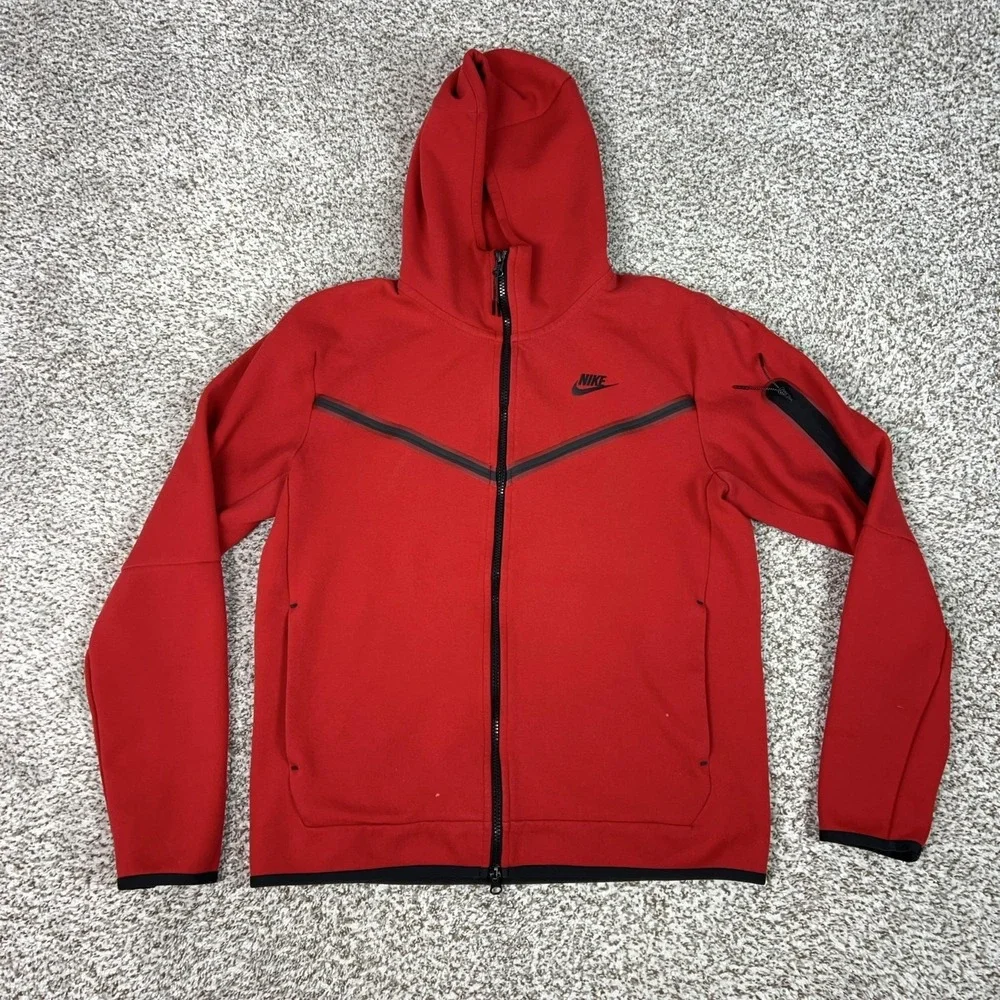 Nike Jacket Mens Medium Red Hooded Full Zip Tech Fleece Hoodie Running Gym Logo